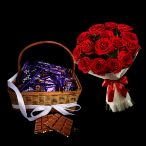 Chocolate Basket with Red Roses Bouquet