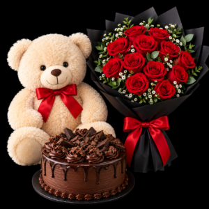 Teddy bear,Red Roses & Cake