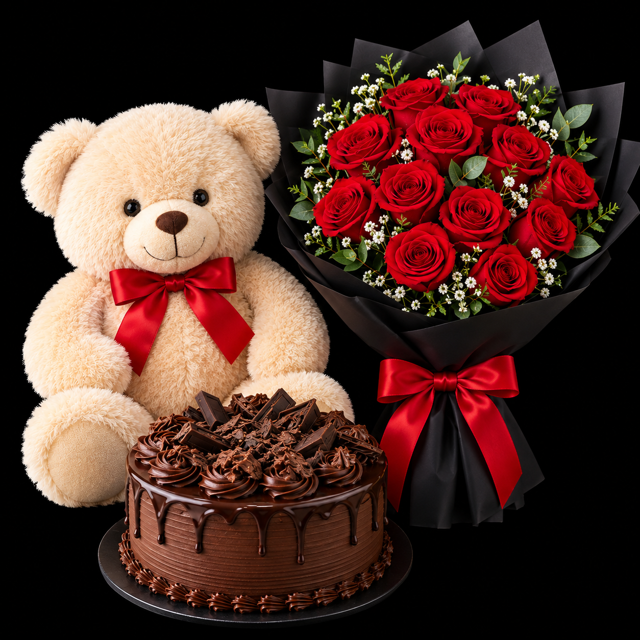 Teddy bear,Red Roses & Cake
