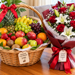 Fruit Basket & Flowers Bouquet