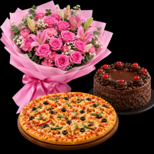 Pink Flowers,Pizza & Cake