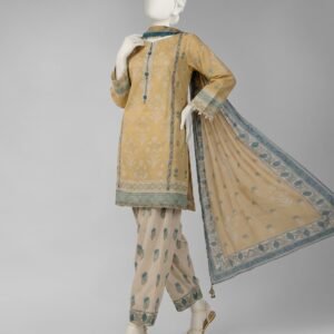 Cream lawn paste printed unstitched 3pc