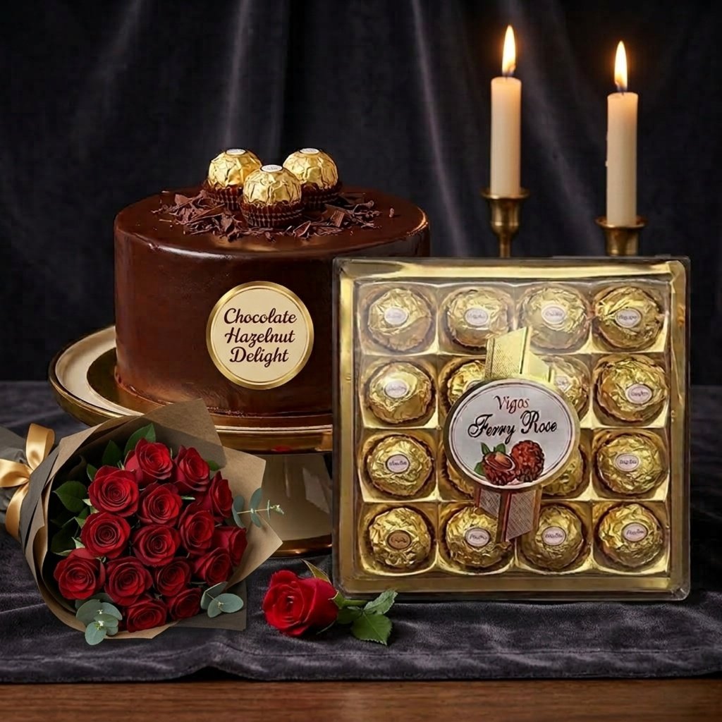 Cake,Ferrero Rocher & Rose Bouquet
