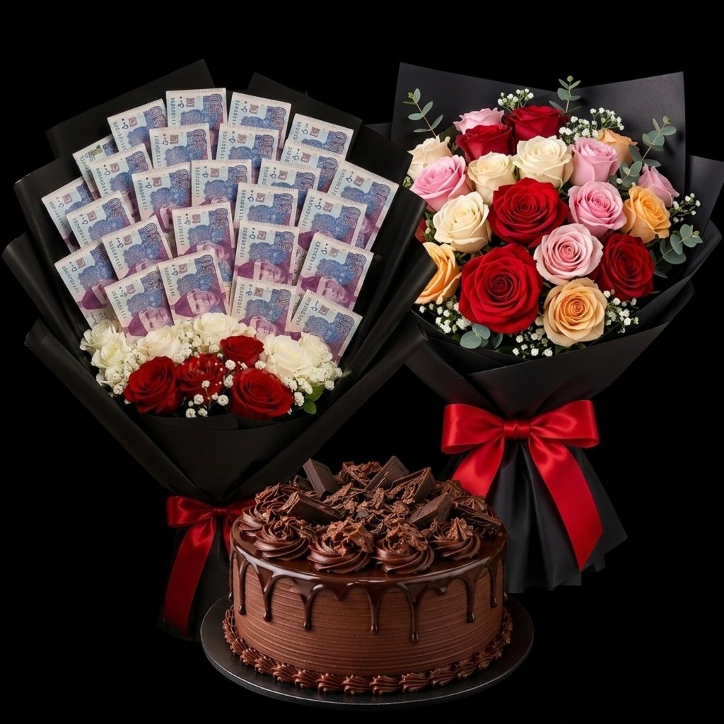 Money Bouquet,Mix Roses & Cake